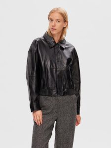 SELECTED femme leather bomber jacket black