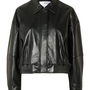 SELECTED femme leather bomber jacket black