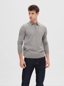 SELECTED homme ls knit polo medium grey melange